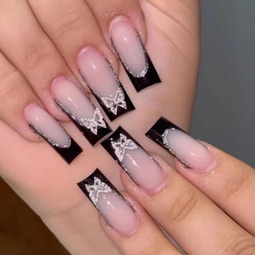 Uñas postizas largas de punta francesa negra con pegamento de mariposa 3D, uñas postizas de color rosa brillante con diseños, uñas artificiales de