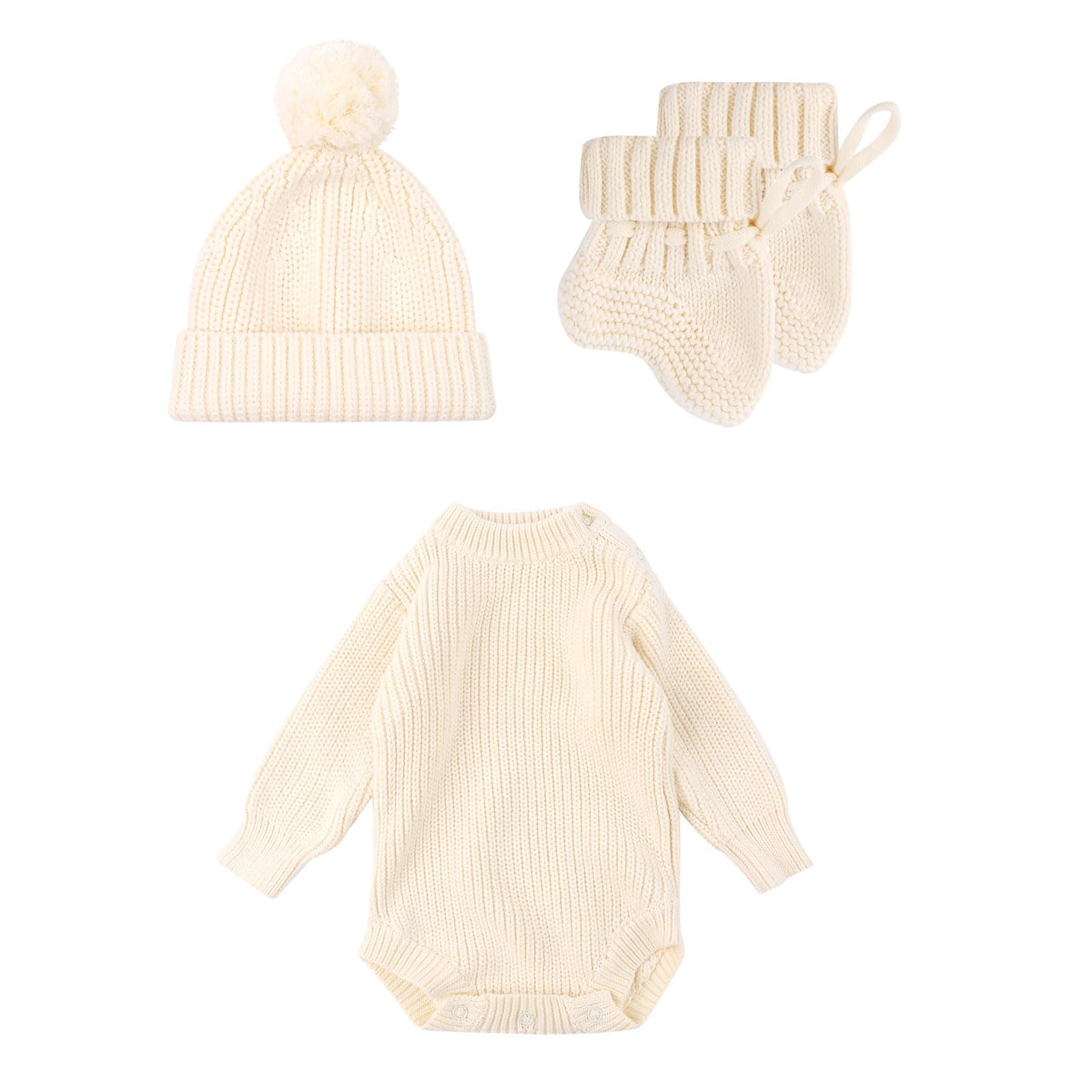 3-teiliges Strick Strampler Set für Neugeborene mit passender Mütze und Socken, weiche und atmungsaktive Outfit Strickware für Babys von 0 bis 6 Monaten, schöne Babymütze und Socken