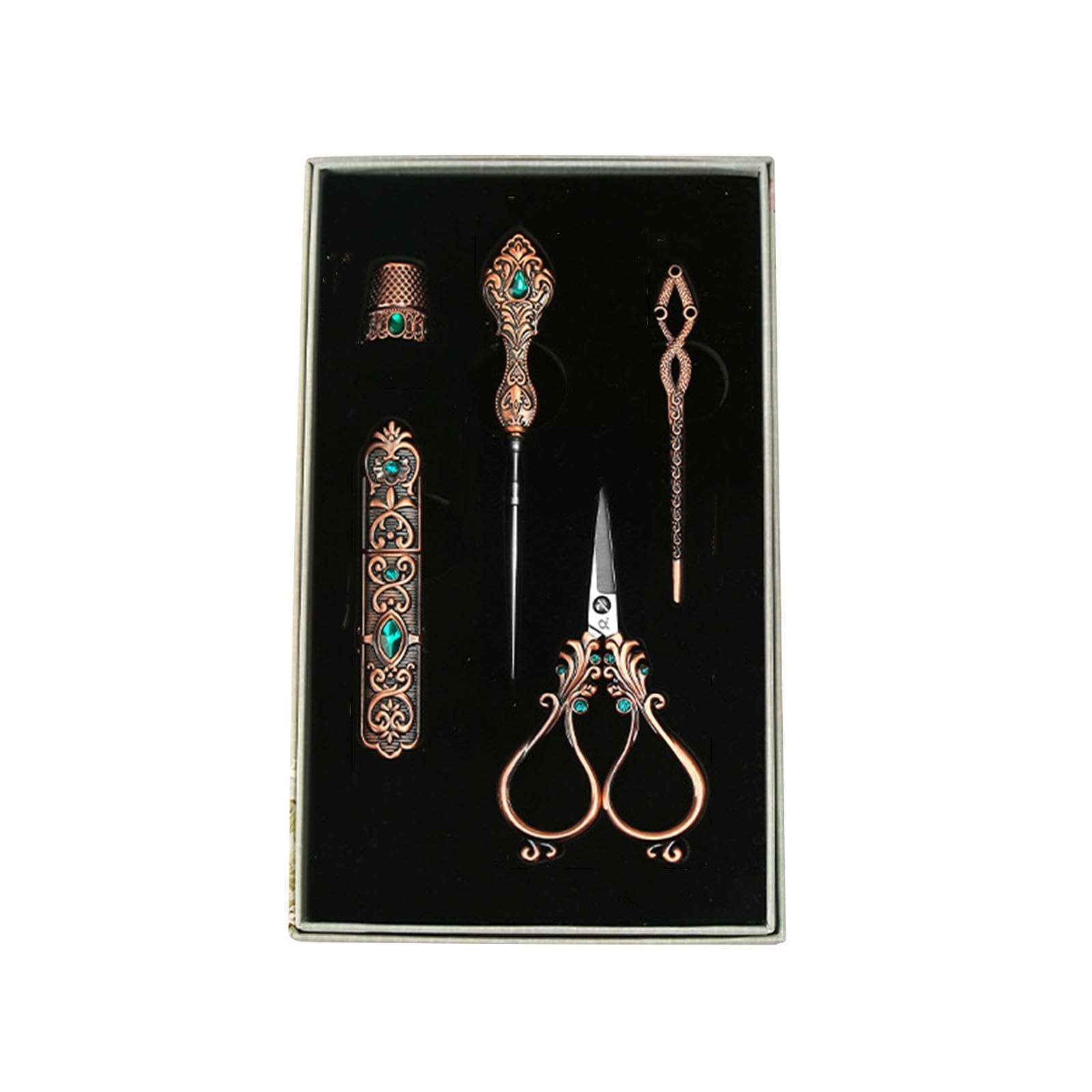 Stickerei Schere Set Nähset Stickwerkzeug Pin Nadelröhrchen Fingerhut Ergonomisch Benutzerfreundlich Klassischer Stil für Heimwerken Basteln Geschenk, Rotbronze