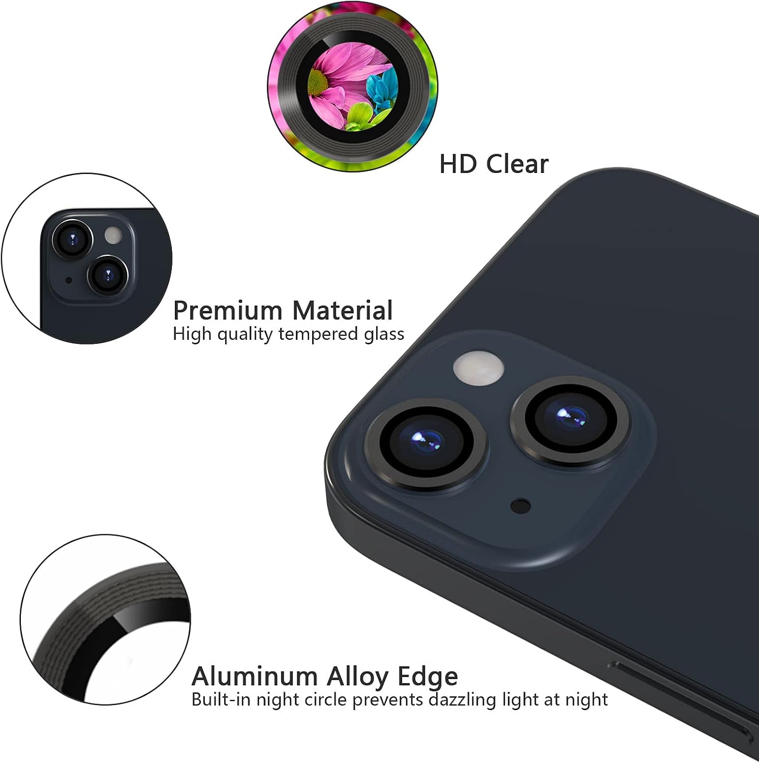 imluckies Camera Lens Protector Compatible with iPhone 13/13mini, Premium Tempered Glass Circle Film, Aluminum Alloy Full Fit Lens Ring Cover, Black [Anti-Scratch]