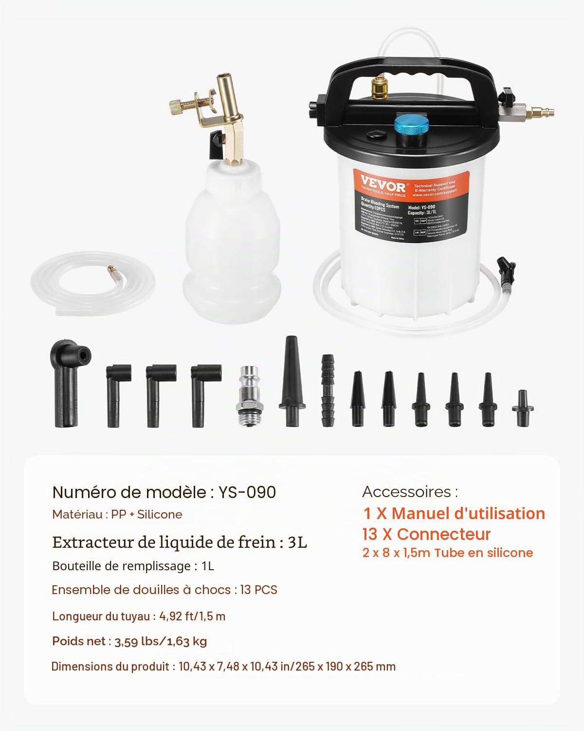 VEVOR Kit purge de frein 3 L, extracteur de liquide de frein avec bouteille de remplissage de siphon de 1 L, 13 connecteurs de tuyau, tuyau en silicone étendu et poignée, pour la plupart des véhicules