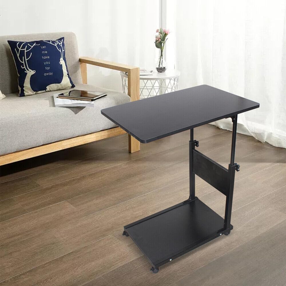 Tavolino da divano, da letto, in metallo e legno con ruote, 50 x 35 x 80 cm regolabile in altezza (55-80 cm) (nero)