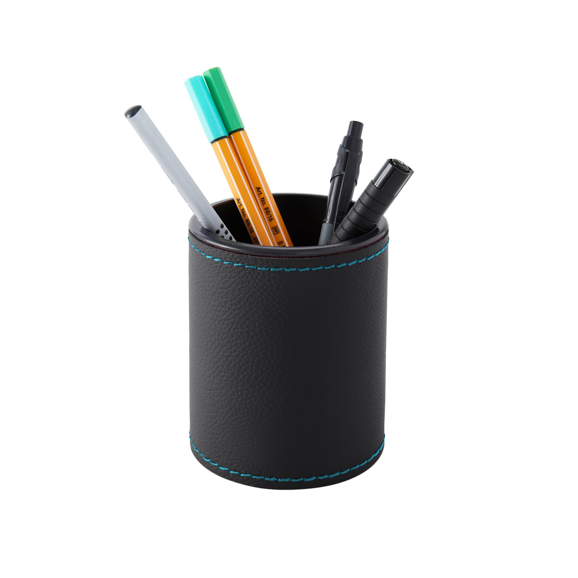 Eglooh - Zefiro Deluxe - Schreibtisch rund Stiftehalter Design Echtes Leder Schwarz cm 7,8 x 7,8 H.9,5 - Blaue Nähte im Kontrast dazu und starke Struktur - Made in Italy