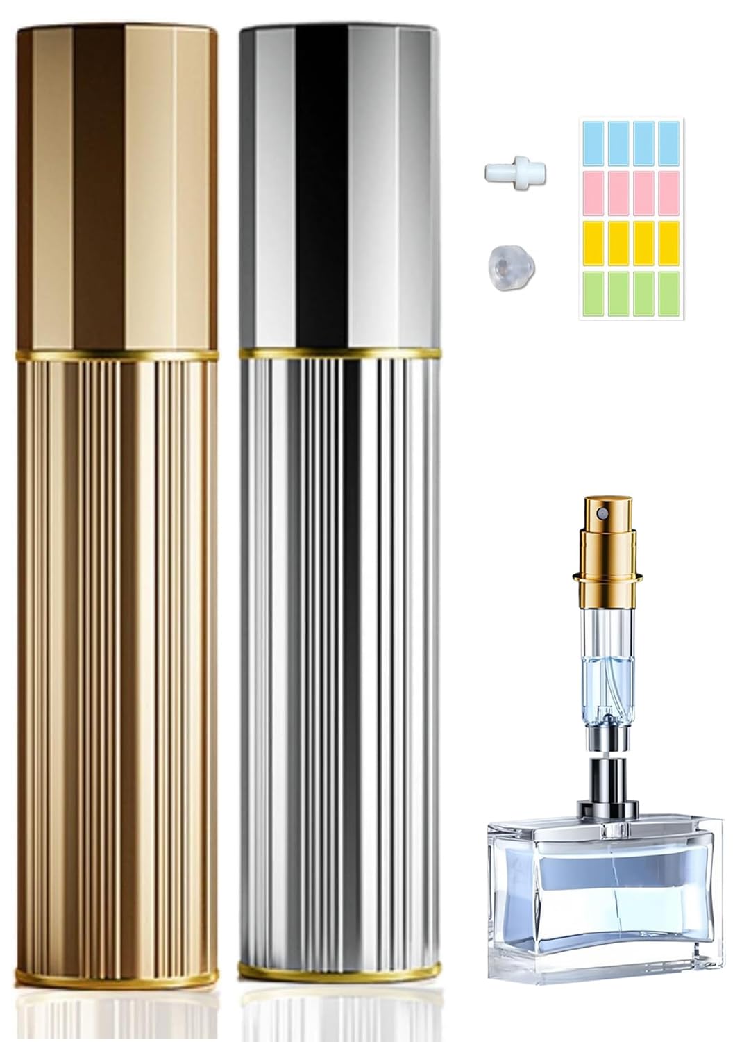 Travelofo 10ml Parfümzerstäuber nachfüllbar, Befülltechnik ohne Trichter leer Parfüm Zerstäuber Sprühflasche für Reise Handtasche unterwegs (Gold & Silber)
