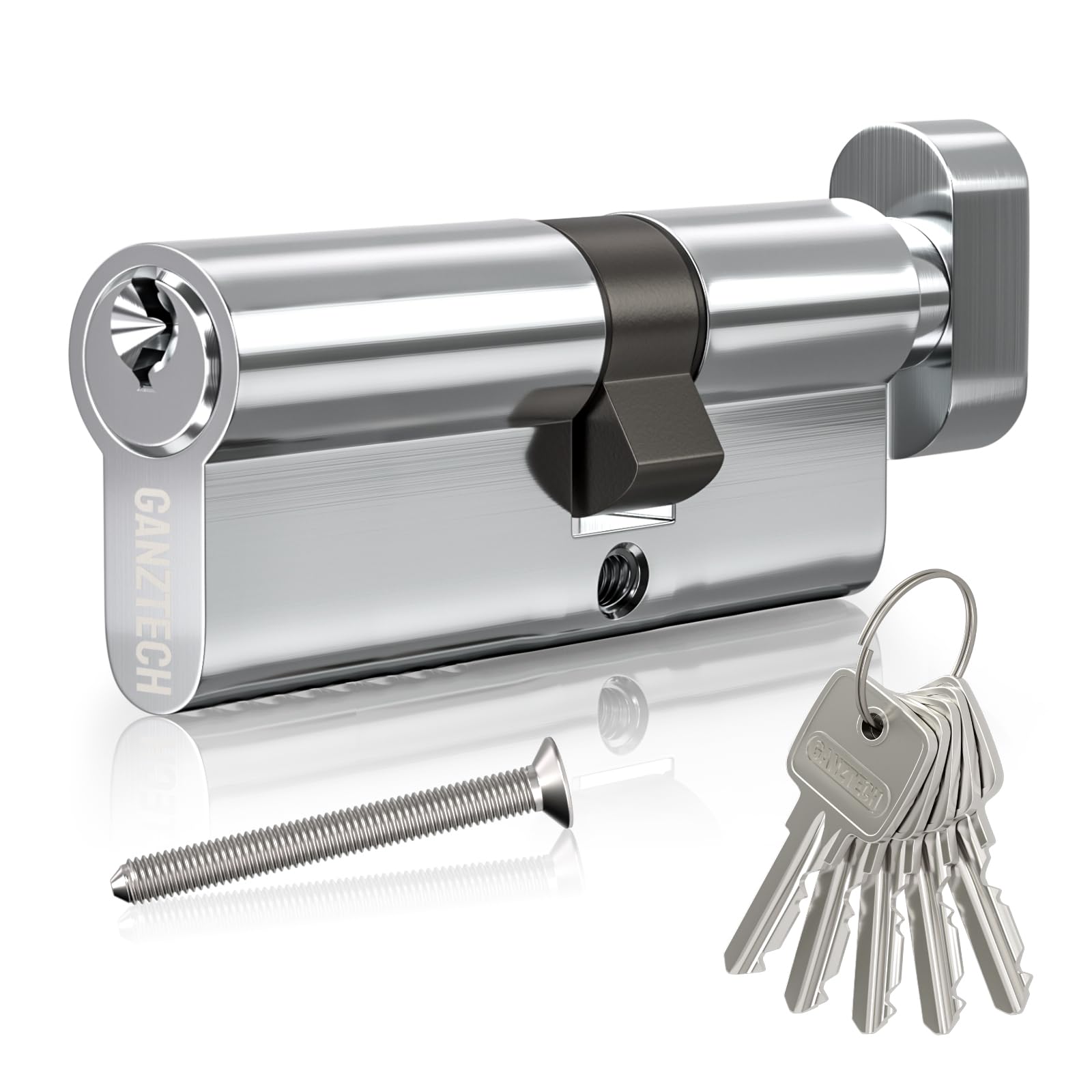 GANZTECH 45/60T(105mm),Chrome Door Barrel Lock,Key knob with 5 Standard Keys,Aluminum Alloy Euro Cylinder Lock,Secure Stable for Wooden,Composite Doors and UPVC