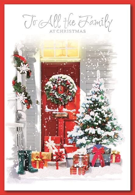 To All The Family Christmas Card - Red Door Xmas Tree Glitter and Foil 7.5x5.25"