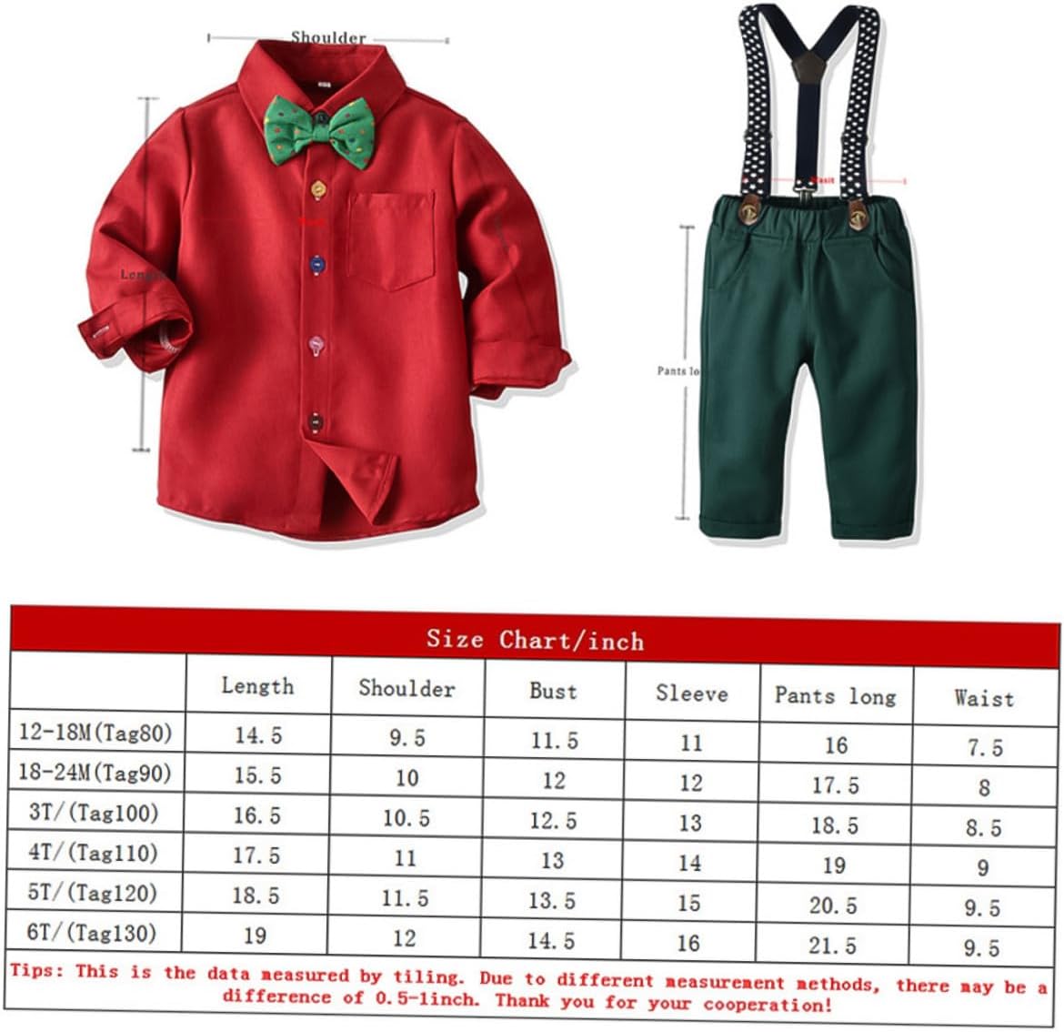 Toddmomy Christmas Suit Bow Tie Shirt and Red Suspender Trouser Set for Boys, Long-sleeved Festival Clothing Outfit for 100cm Height, ’s Holiday Pant Set