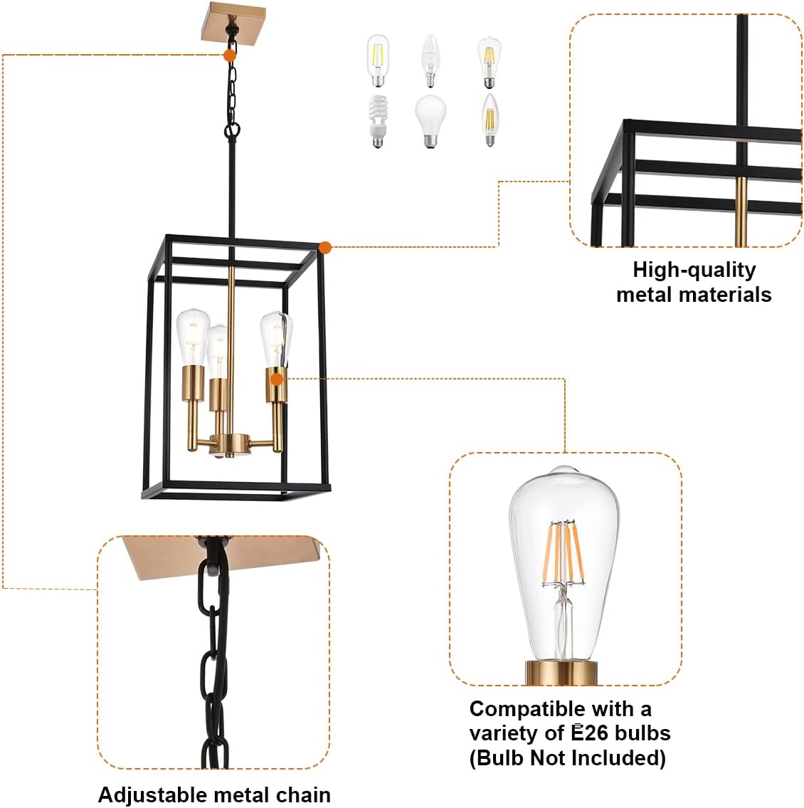 VINLUZ 3 Light Vintage Industrial Pendant Light, Lantern Cage Chandelier in Black and Brushed Brass Finish Classic Hanging Kitchen Lighting for Foyer Dining Room Kitchen Island, Bedroom