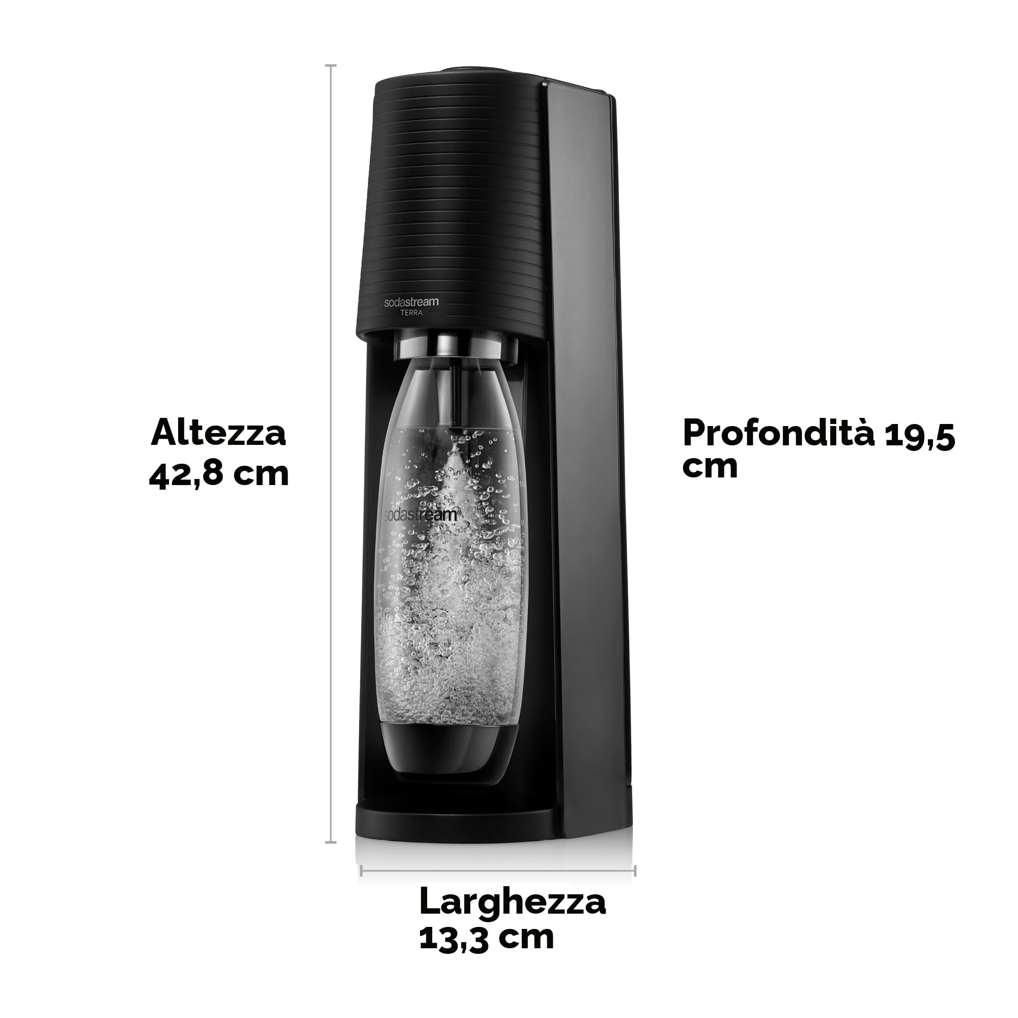 SodaStream Gasatore d’acqua Terra, include cilindro di Co2 per realizzare fino a 60 Litri di acqua frizzante inclusa due bottiglie da 1 L e una bottiglia da 0,5L lavabili in lavastoviglie, colore nero