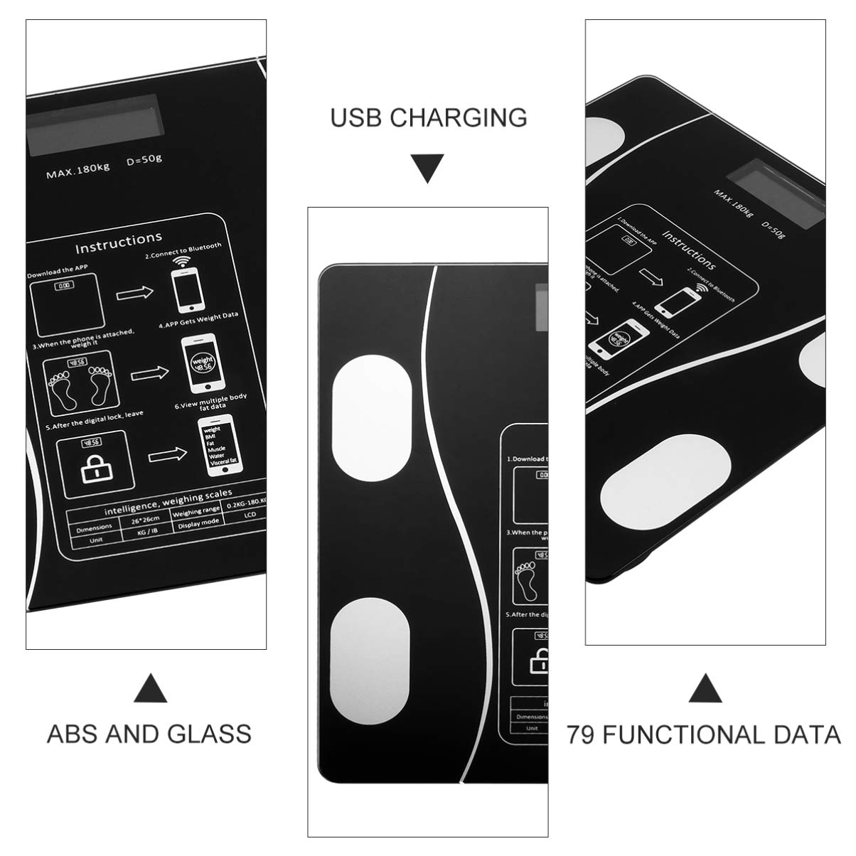 Healeved Digital y Patas Antideslizantes de Abs y Vidrio Recargable por USB Báscula Inteligente Pantalla LED Grande para Peso Corporal para Uso Hogar