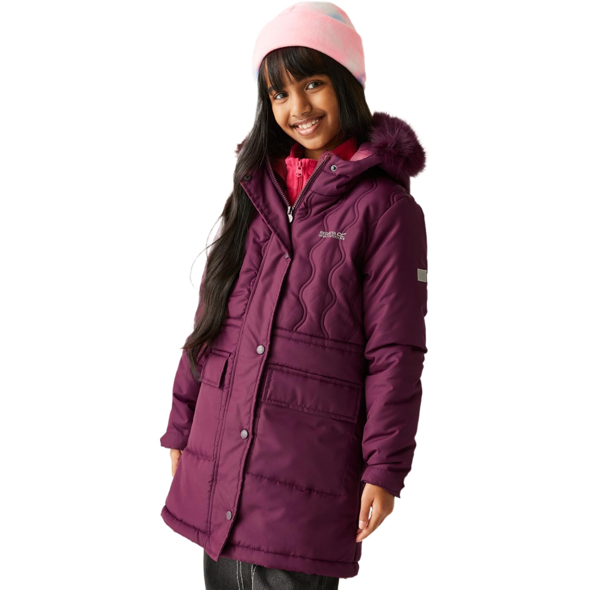 Regatta Purple Kids Fabrizia Ii Quilted Jacket Water Repellent Reflective Trims Insulated Winter Coat