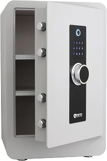 ProtexSafe Fireproof Steel Home Safe with Biometric, Digital Keypad, Key Lock, 1.32 Cubic Feet, 11.8 x 14.5 x 21.8 Inches, SK-60, Light Gray