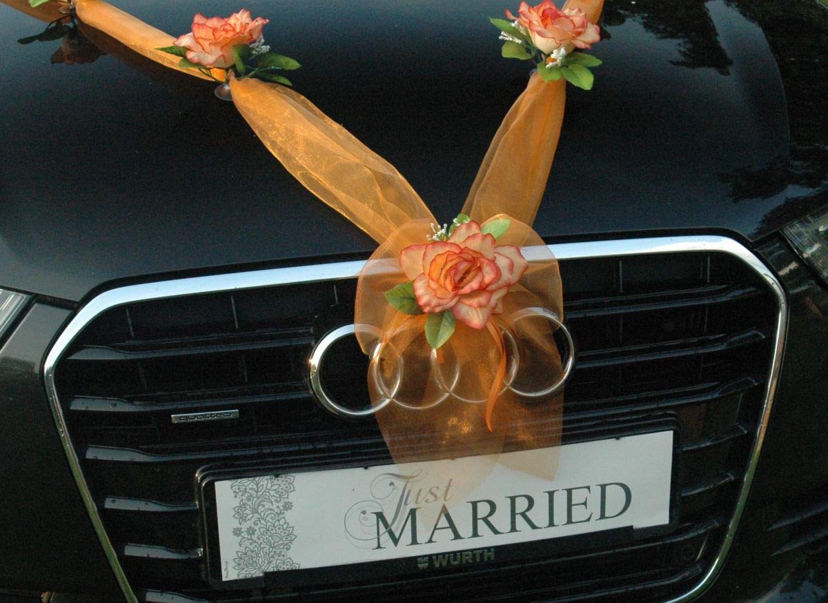 Autoschmuck Organza M Auto Schmuck Braut Paar Rose Deko Dekoration Hochzeit Car Auto Wedding Deko (Orange/Orange) - Image 4