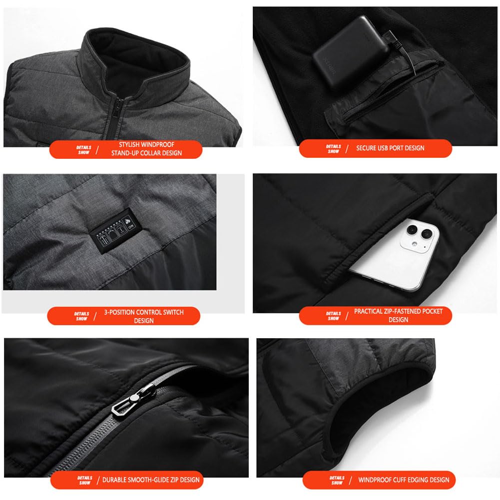 Chaleco Térmico con Calefacción de Fibra de Carbono, Chaleco Eléctrico 3 Niveles de Temp Ajustable Lavable para Hombres y Mujeres para Calor Invernal al Aire Libre 17 Zones Black L