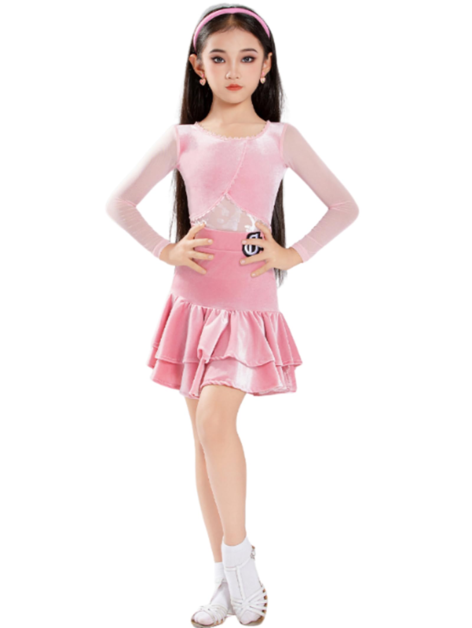 Lateintanz-Wettbewerbsoutfit für Mädchen, Samt-Tanzkleid mit Langen Ärmeln, Kinder-Cha-Rumba-Tanztrainings- und Wettkampfkleidung