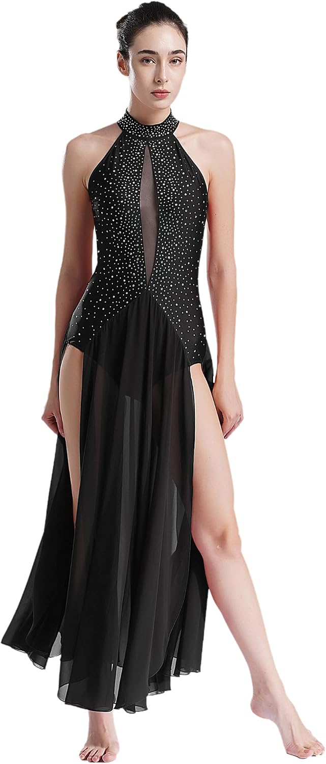 Womens Long Lyrical Dance Dress Contemporary Dancewear | Shiny Rhinestones, Flowy Lyrical Dress, Sides Split Maxi Dress, Ballet Dancewear, Ballroom Dance Performance