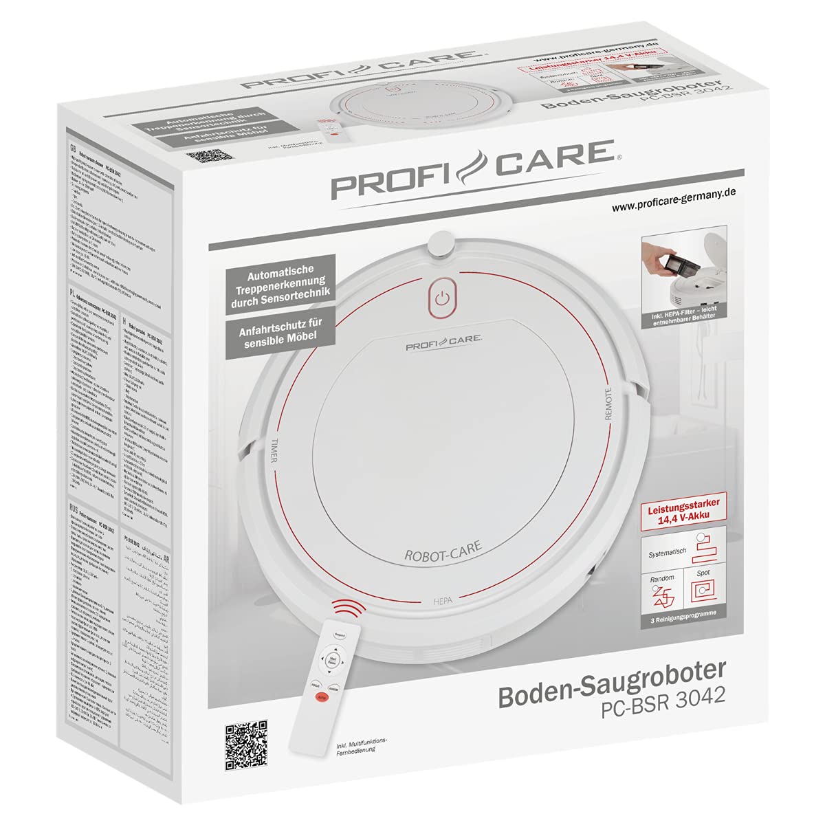 ProfiCare ® Boden-Saugroboter reinigt selbstständig alle Räume, Staubsauger Roboter inkl. Fernbedienung, Vacuum Cleaner mit HEPA-Filter und 3 Reinigungsprogrammen, mit Treppenerkennung - PC-BSR 3042