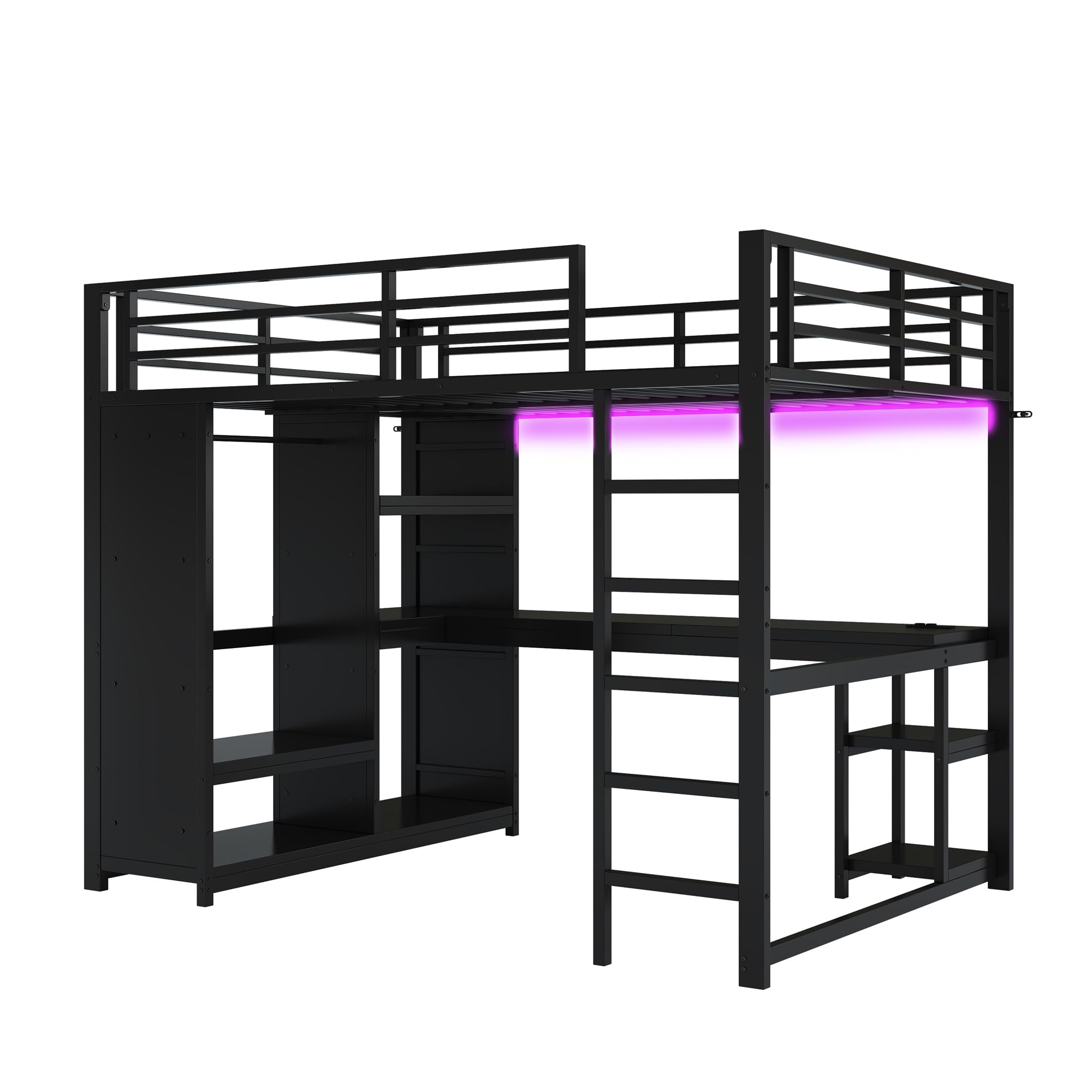 140x200 Cama alta de metal para juegos con LED, escritorio, armario abierto y estantes, Negro (140x200cm)