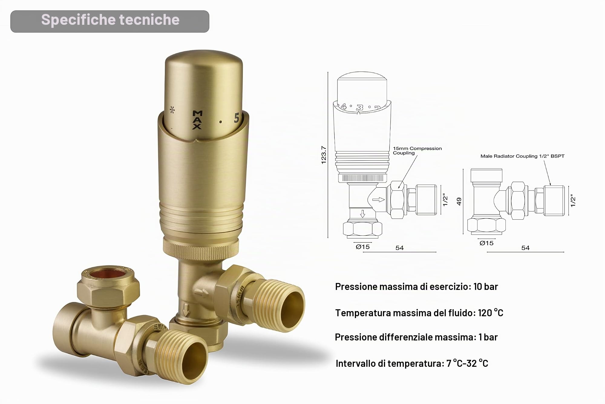 Valvola termostatica termostatica in ottone spazzolato ad angolo TRV termostato valvole ad angolo del termostato (angolato)