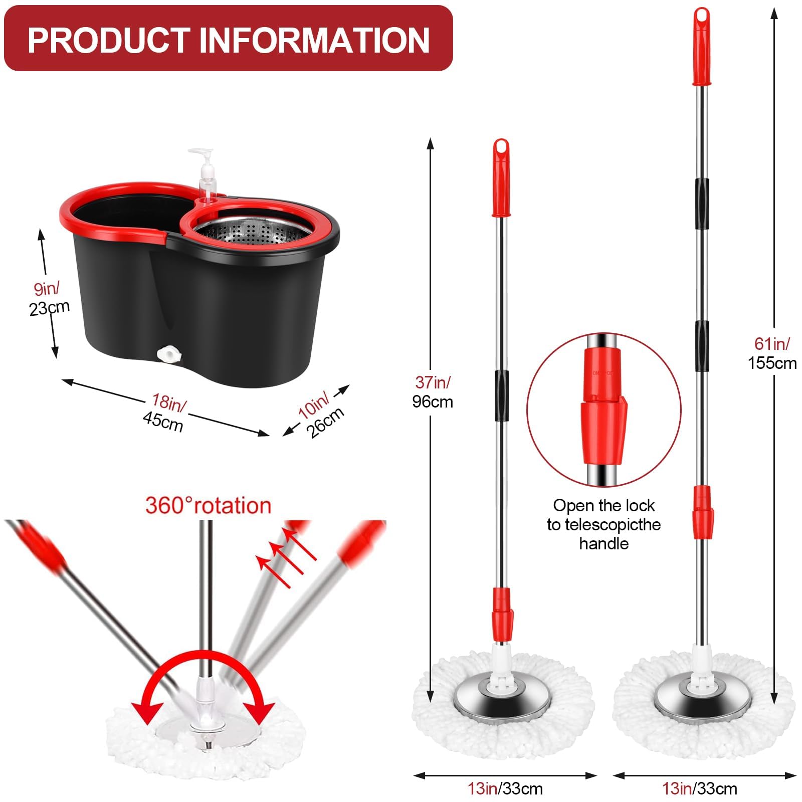Wodemem Set Mocio E Secchio Rotante Con Strizzatore – 6 Ricariche, Manico Telescopico 155 Cm - 3
