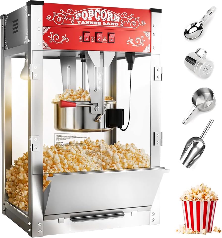 ELOMBR 16 Oz Commercial Popcorn Machine, 1440 W, Movie Theater Popcorn Machine, Red Tabletop Pop Corn Machine with 3-Switch Control & Steel Frame Tempered Glass Doors