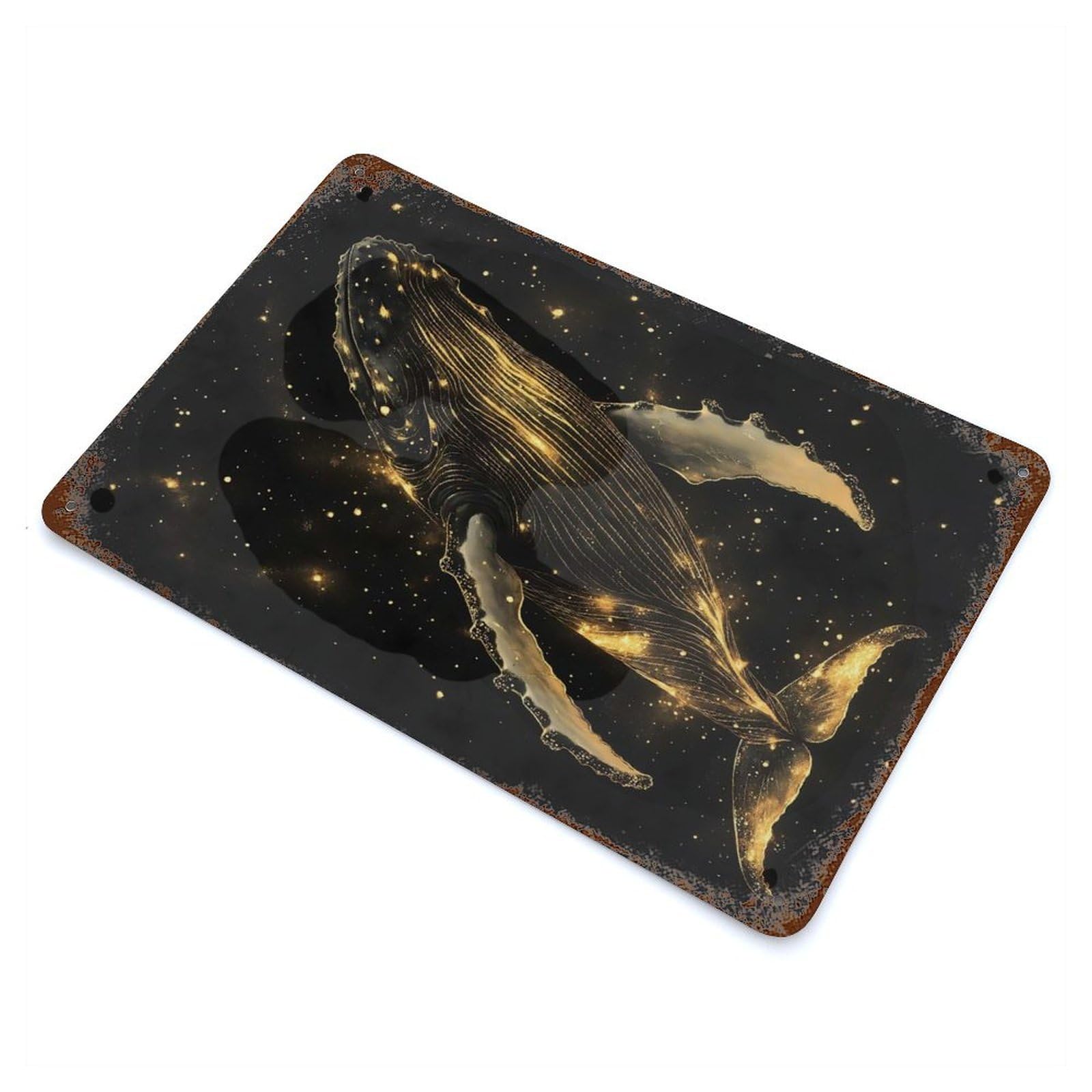 Rust Effect Golden Whale in Space Rusty Metal Tin Sign 11.8"x7.9", Rustic Home Decor for Living Room, Hallway And Home Decor