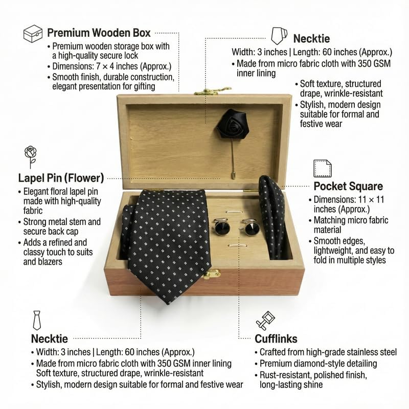 Image of Men's Necktie Gift Set with Wooden Box | Premium Tie, Pocket Square, Cufflinks & Lapel Pin | Elegant Formal Accessories Gift for Men