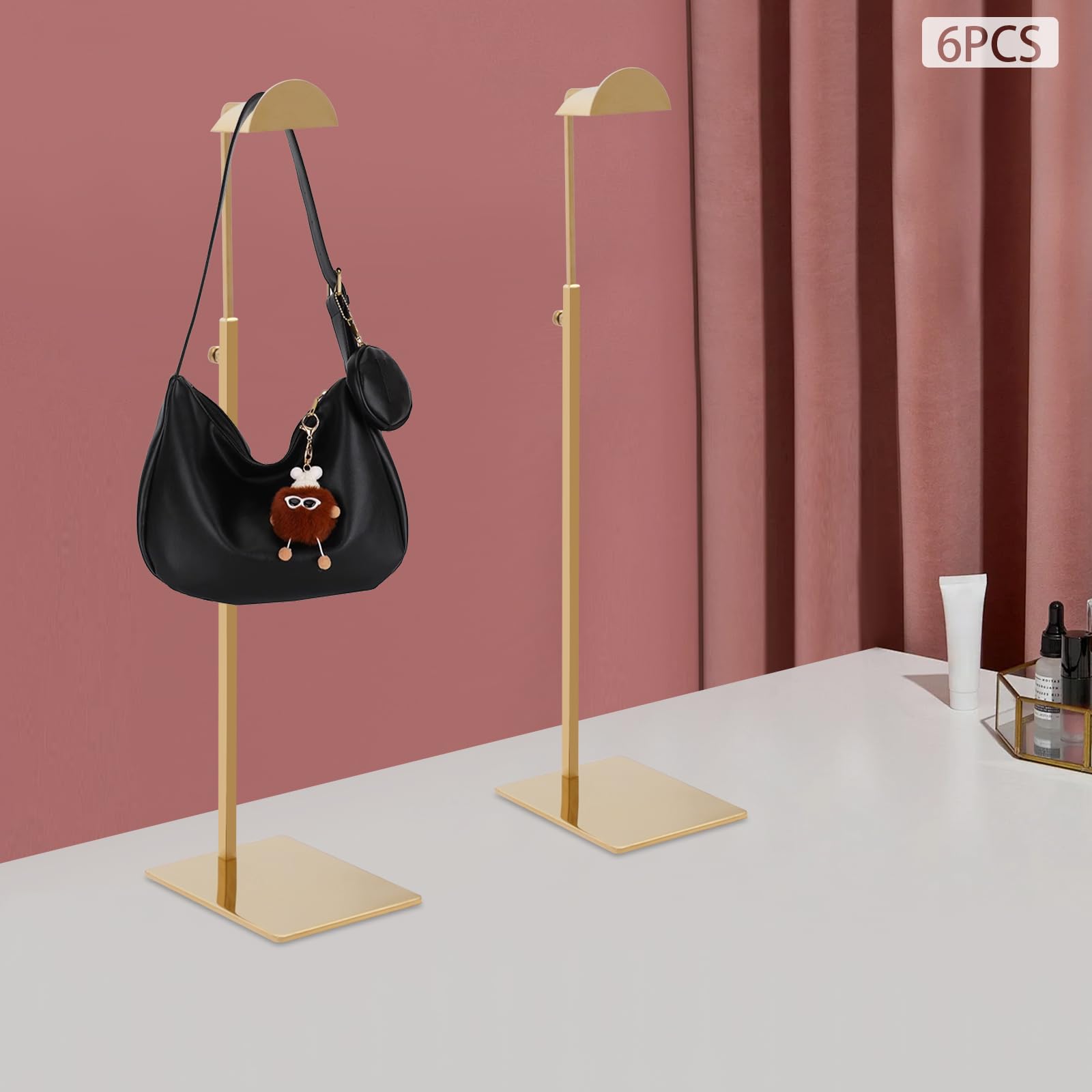 6 supporti per borsa con altezza regolabile, in metallo, grande supporto a testa a D, regolabile in altezza, 40-66 cm, portata 5 kg per pezzo (oro)