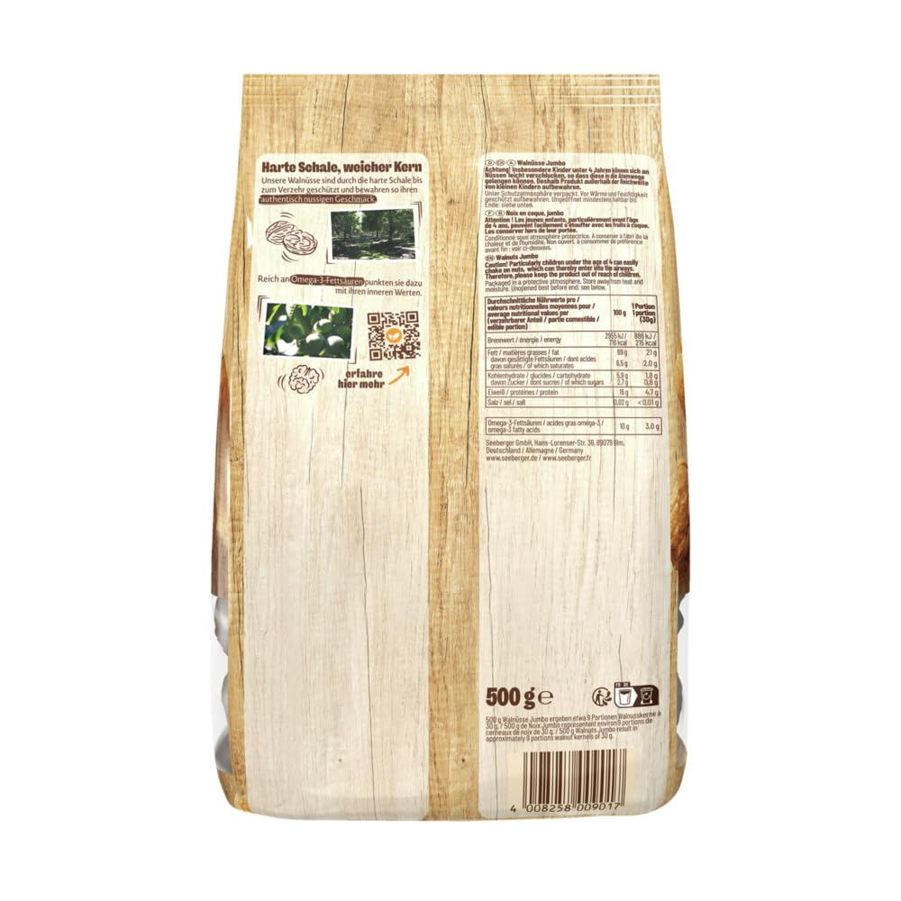 Seeberger Noix Jumbo pack de 10 : noix jumbo extra-grandes en coque – parfaites pour les petites faims – non traitées, brutes, végétaliennes (10 x 500 g)