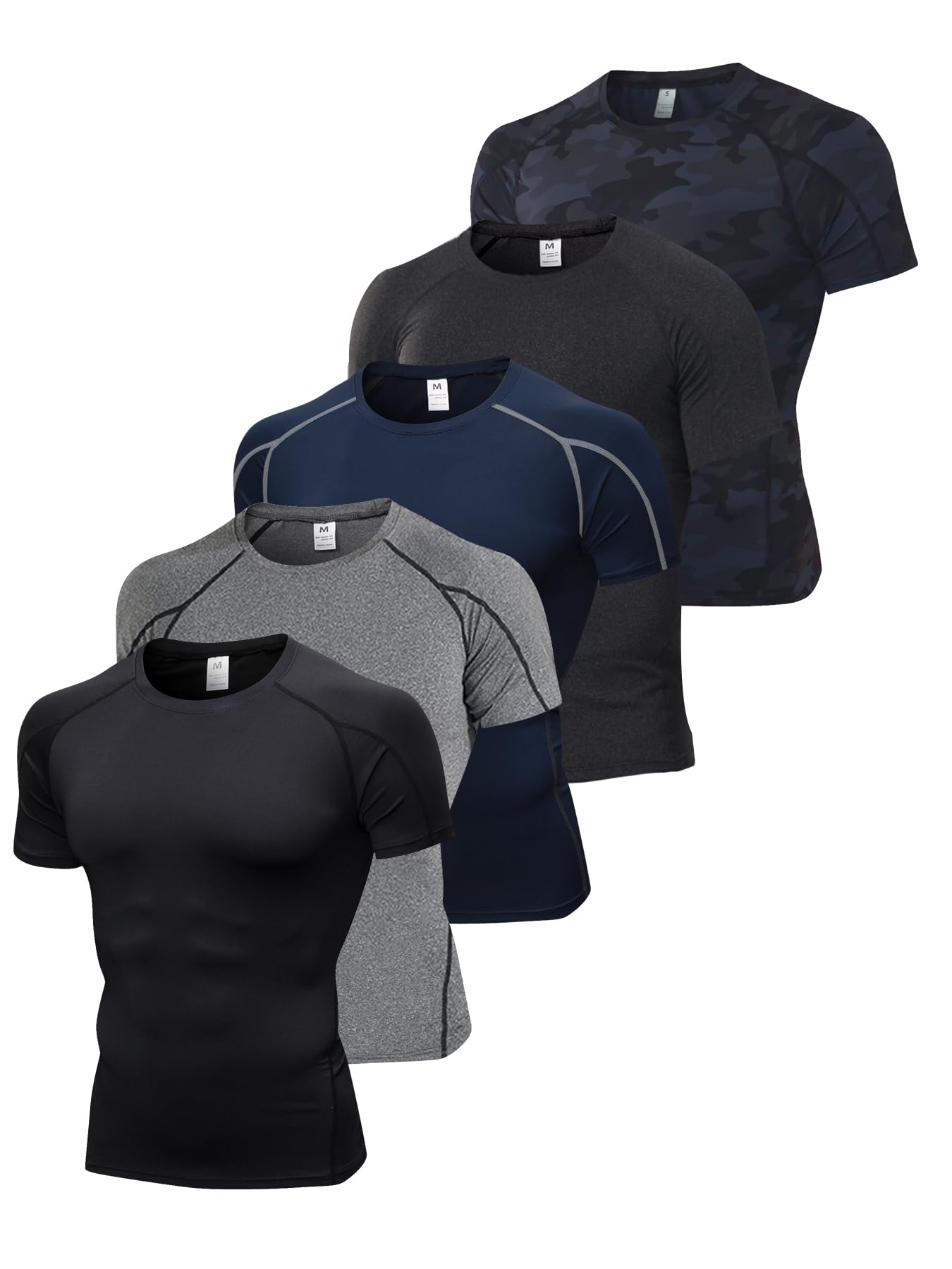 Paquete de 5 camisetas de compresión de manga corta para hombre, camuflaje, secado fresco, deportes, entrenamiento, capa base, camiseta interior