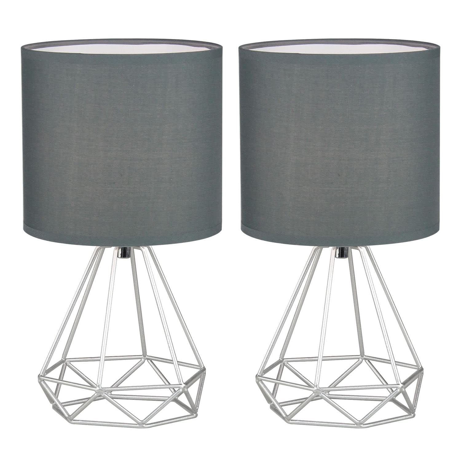 firstchoicelighting Set of 2 Silver Table Lamps or Bedside Lights, Modern Geometric Design, Grey Fabric Shade, 32cm Height, LED Compatible