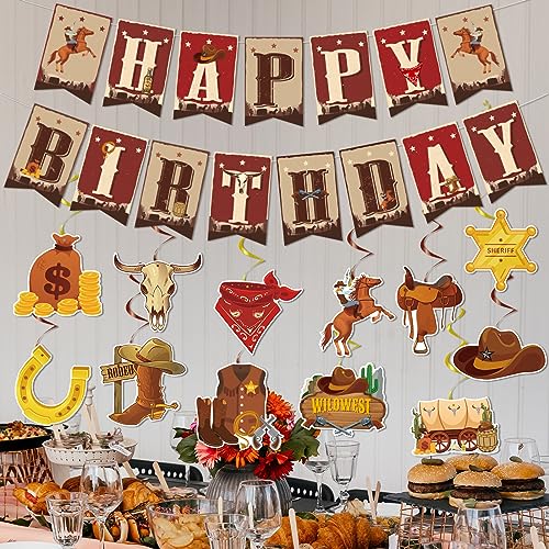 Image of Western Cowboy Birthday Party Decorations - NOVBAUB 29PCS Cowboy Theme Party Decorations Hanging Swirls Party Streamers Banner Western Rodeo Birthday Decor Supplies for Boys Men