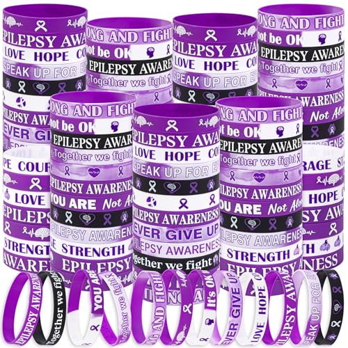 Moon Boat 120PCS Epilepsy Awareness Bracelets Bulk Purple Silicone Items with Inspirational Sayings