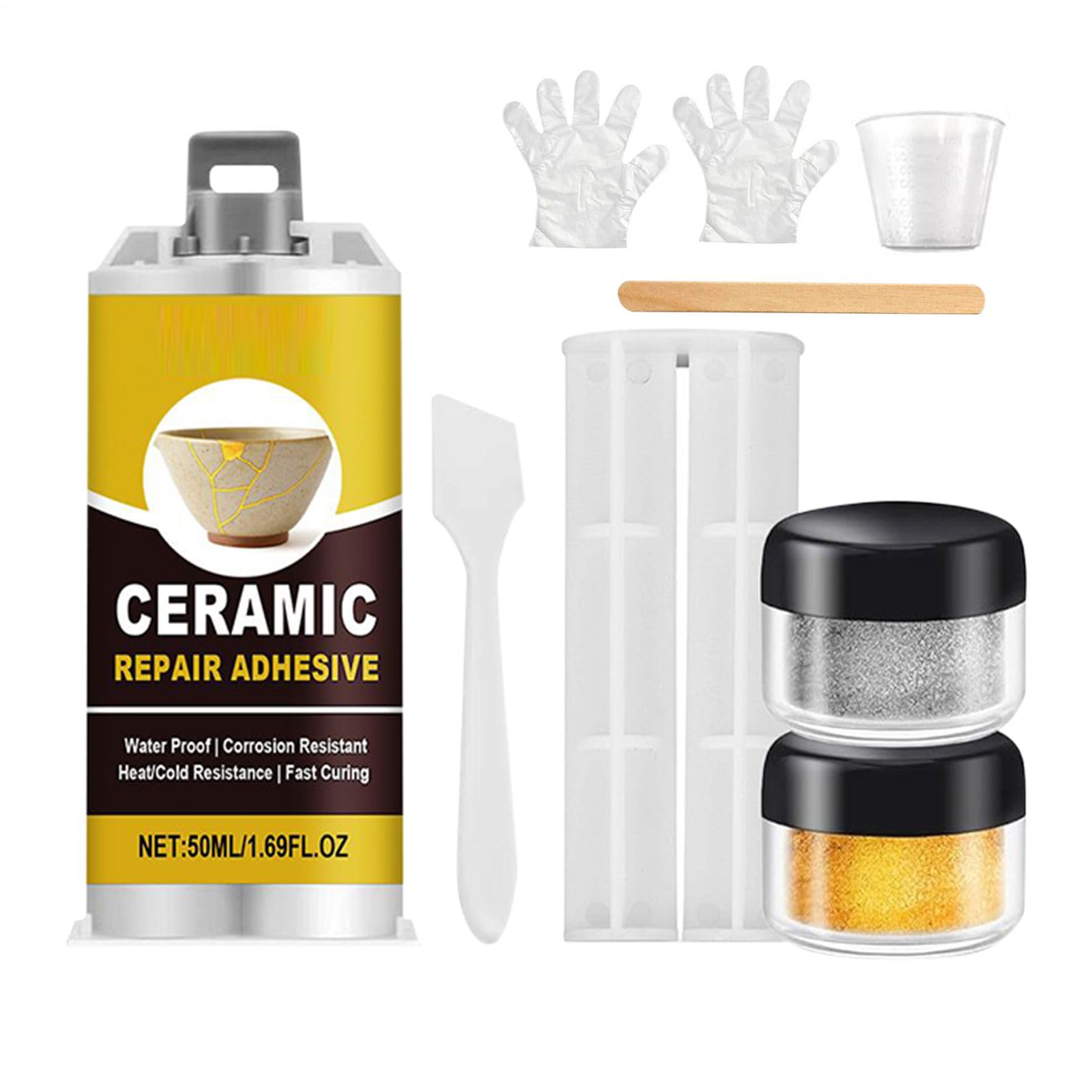 Gold Seam Repair Kit, Japanese Metal Seam Kit, Craft Ceramics Repair Kit, Food Safe, Repair Adhesive, Crack Repair, For Bowls, Dishes, Vases, Carvings, Gold and Silver Powder Included, 1.7 fl oz (50 :