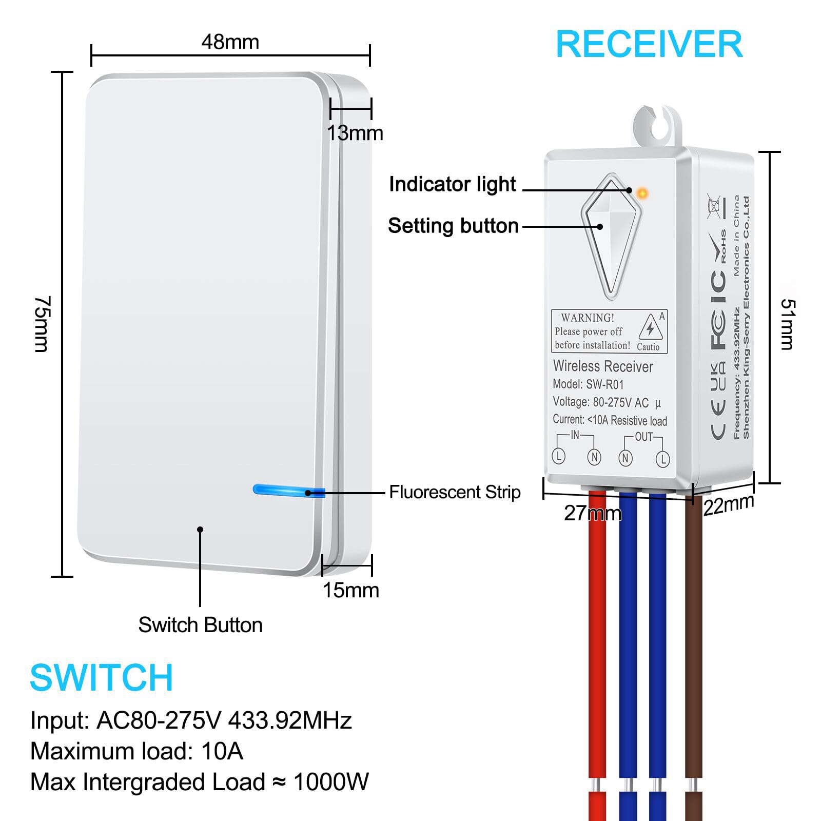 NineLeaf - Kit de interruptor inalámbrico portátil para lámparas LED con mando a distancia Receptor inalámbrico sin cableado No requiere batería, fácil de instalar (3 interruptor 1 receptor)