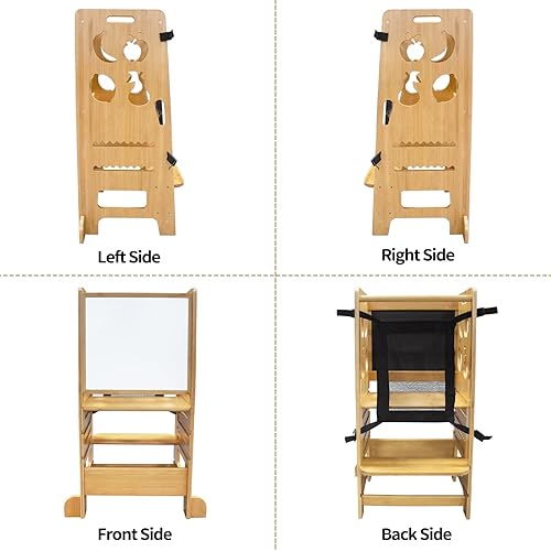 Miniatura 6 de Ayudante de cocina de madera marrón 1-3 para niños pequeños, torre de pie de aprendizaje ajustable en altura con tablero de actividades en blanco y