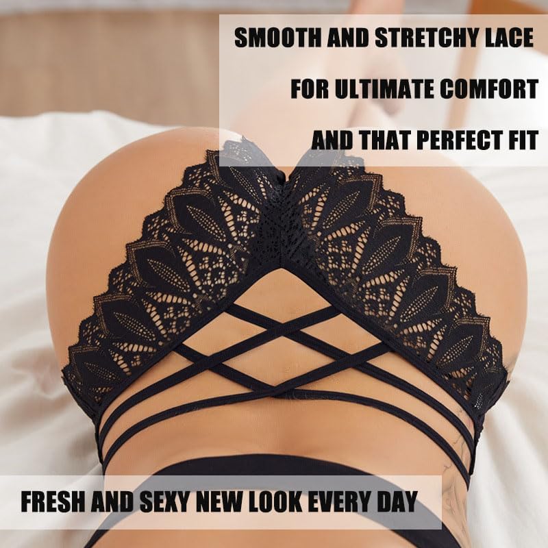 Miniatura 4 de AUTUCAU Ropa interior sexy y atrevida para mujer, bikini floral de encaje cruzado sin costuras, lindas bragas hipster para mujer, paquete múltiple