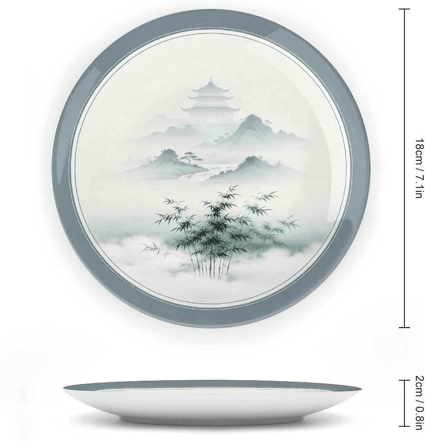 Blue White Porcelain Decor Plate, Bamboo Forest And Waterfall in Round Window for Office Wall Bone China Decorative Plate, 7inch Wall Art Home Decor