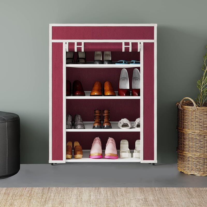 Image of GTC Collapsible Portable Foldable Wardrobe Storage Shelves Organizer for Clothes Racks Fabric Almirah Non Rustable Iron (4L, Maroon) Storage Unit