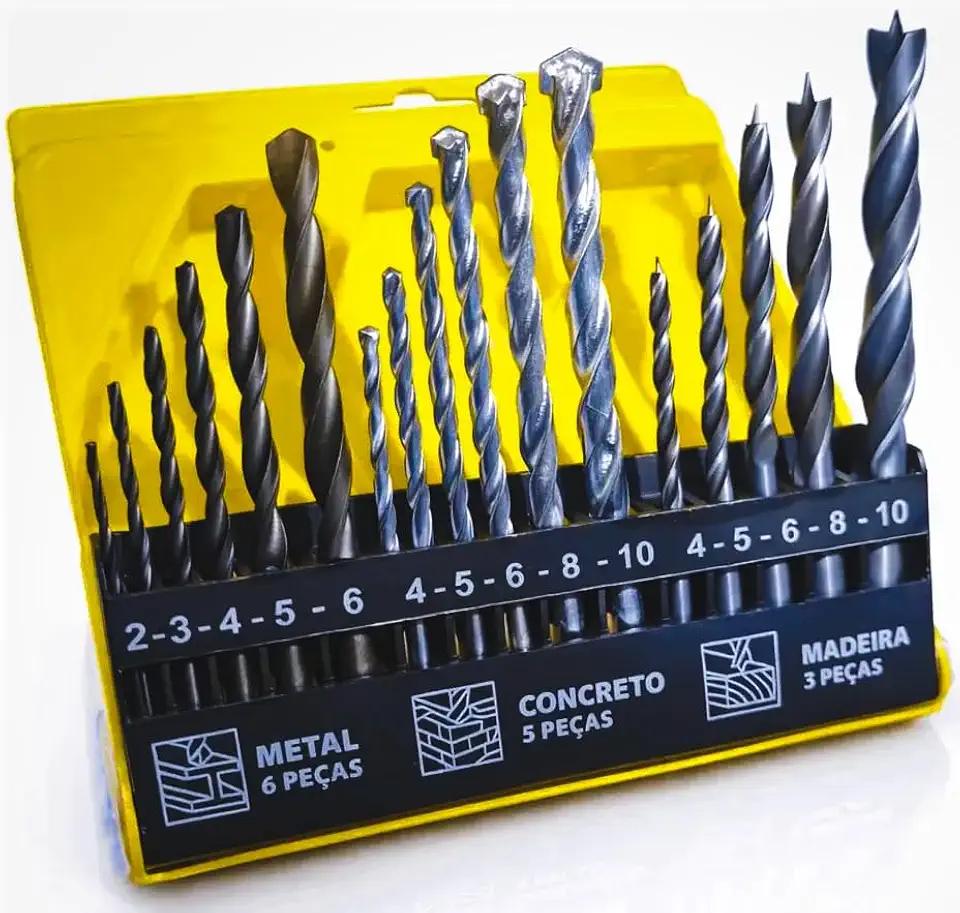 Jogo de Brocas 16 Peças com Estojo Kit Completo para Madeira Metal Concreto Ferro Aço Para furadeira e Parafusadeira Alta Durabilidade e Corte Preciso Encaixe Durável Premium