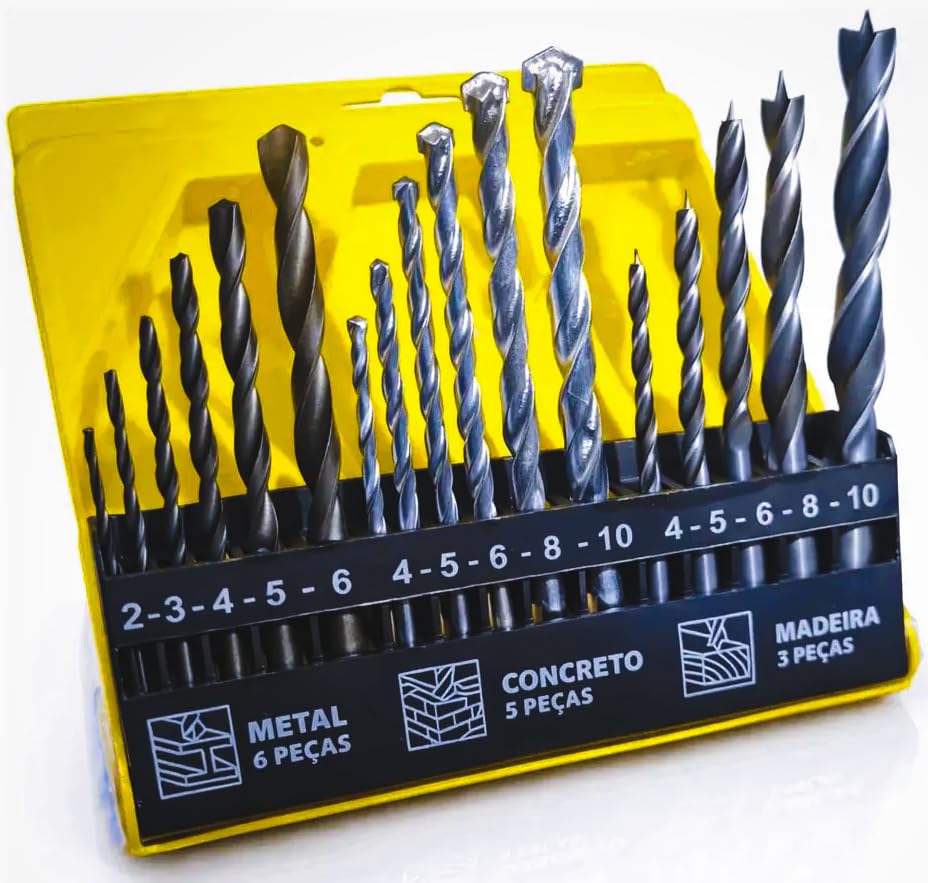 Jogo de Brocas 16 Peças com Estojo Kit Completo para Madeira Metal Concreto Ferro Aço Para furadeira e Parafusadeira Alta Durabilidade e Corte Preciso Encaixe Durável Premium