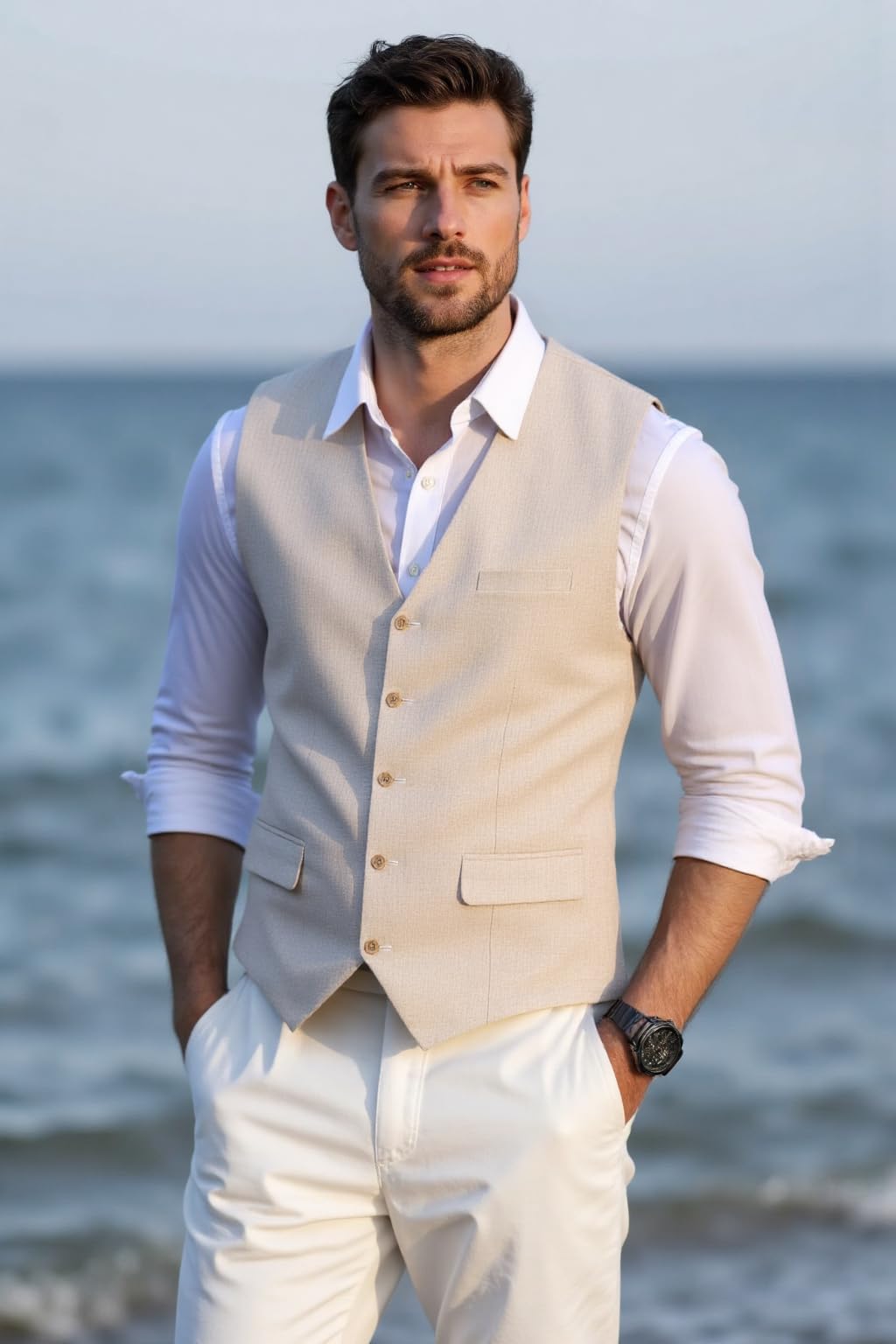 Chaleco de lino de verano para hombre, corte regular, traje clásico, chaleco para bodas y fiestas (blanco, XXL), Blanco, XXL