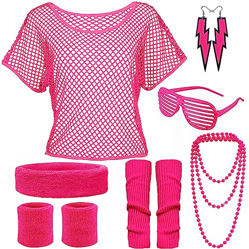 90s 80s Fancy Dress for Women 80s Mesh Top Fishnet 80s Neon Accessories Headband Leg Warmer for Women 80s Neon Clothes Costume 90s 80s Party Outfit Disco t Shirts for Girls Night Hen Do (Pink)