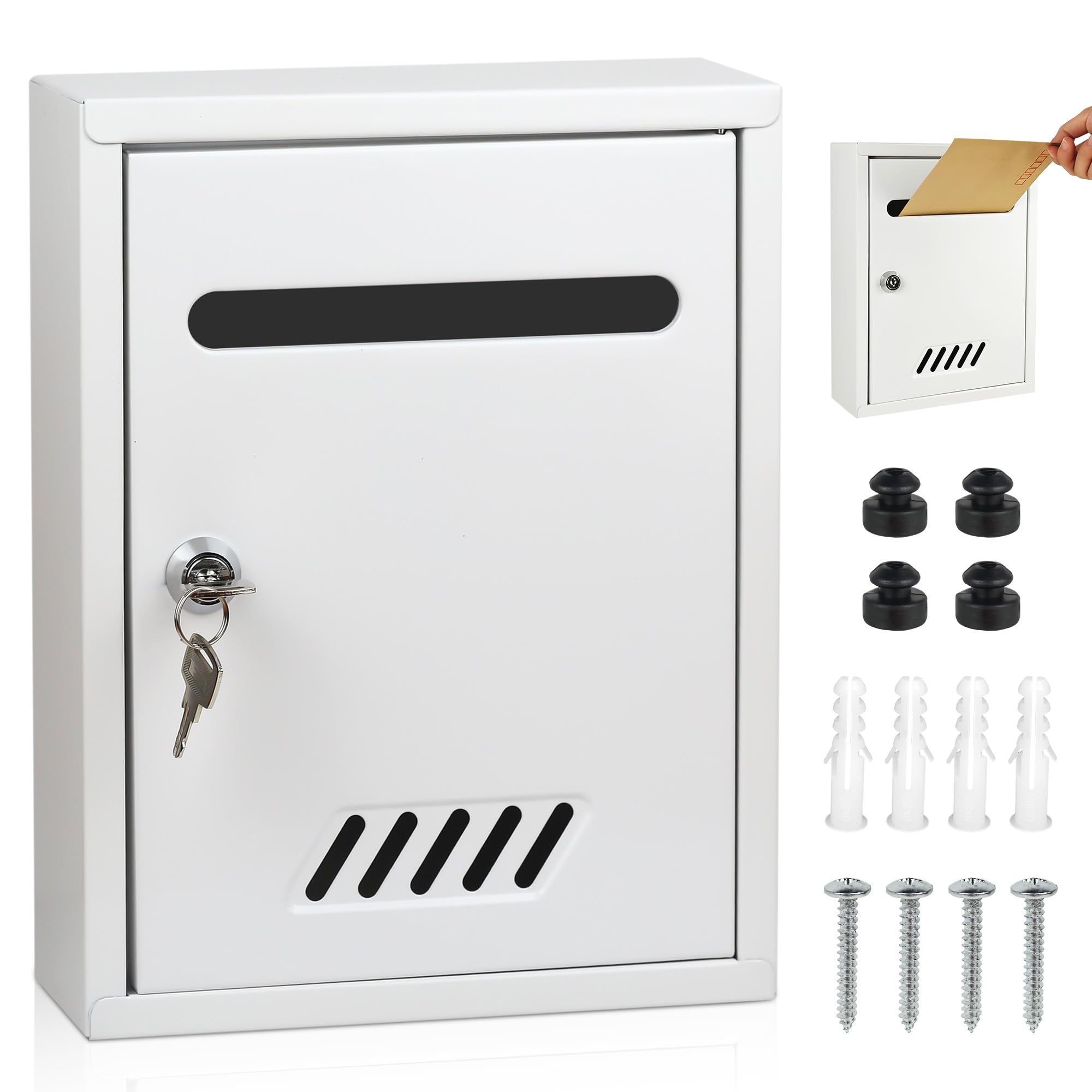 WENLISELL Suggestion Box Lockable Wall Mounted, 26x20x7.5cm Mail Box with Key, White Ballot Box for Home, Outside, Office, Hotel, Business