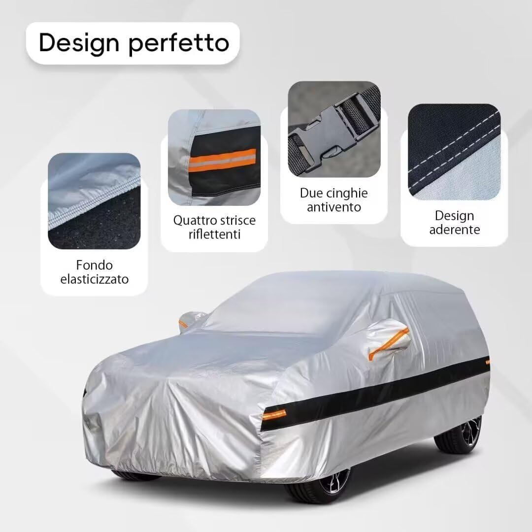 Telo Copriauto per Alfa Romeo Stelvio (2017-2024), 100% Impermeabile Telo Auto. Pioggia, Sole, Polvere e Protezione UV, Telo Copri Auto da Esterno con Fodera in Cotone. Argenteo