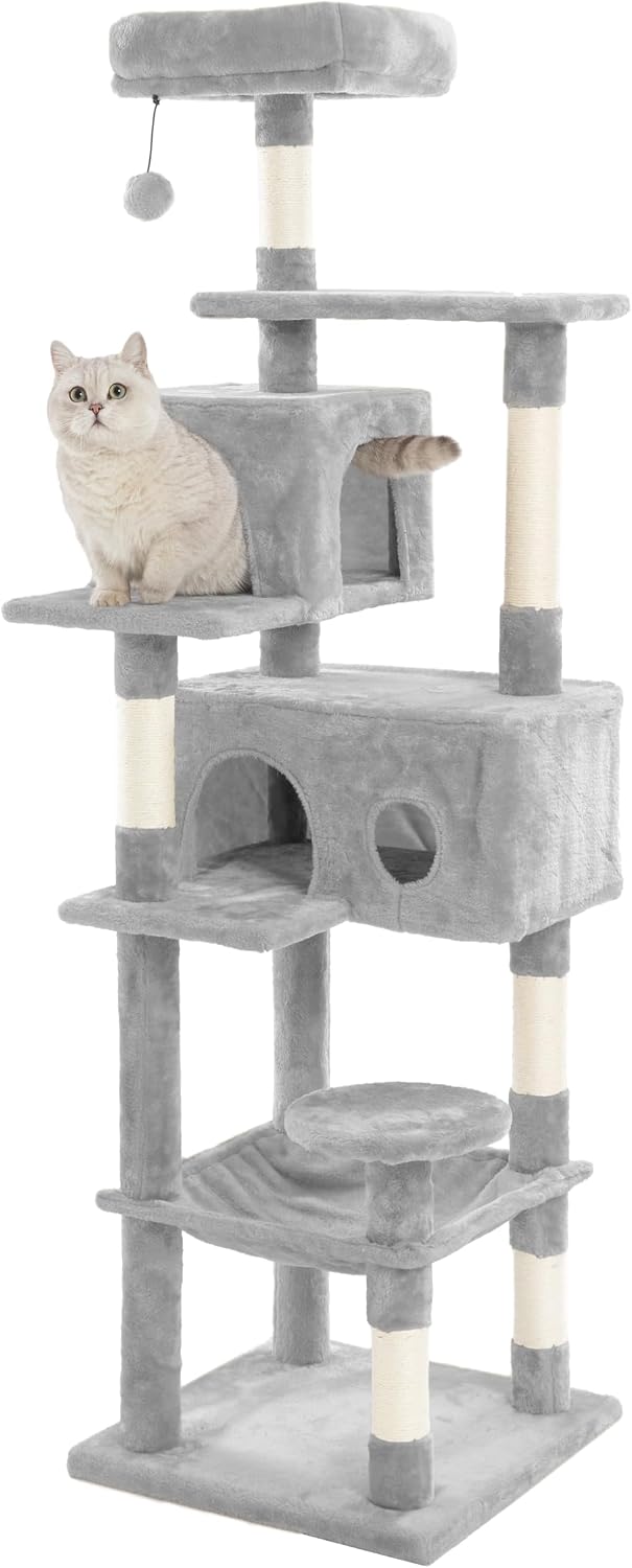 review 69 Inches Cat Tree Multi Levels Cat Condo House with Sisal Scratching Posts, Cat Condo, Plush Perch and Square Hammock Light Gray