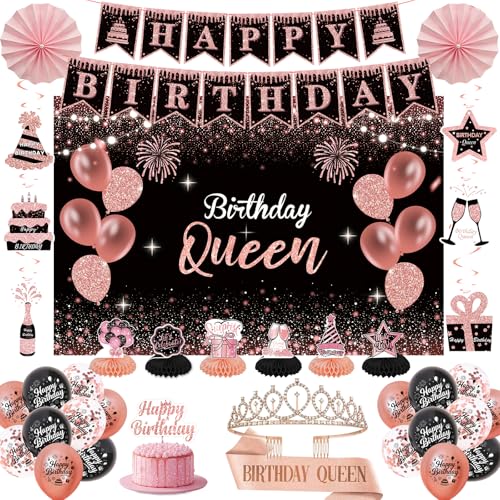 Rose Gold Birthday Decorations for Women - 37Pcs Happy Queen Party Kit with Banner Backdrop Tiara Sash Cake Topper Latex Balloons Hanging Swirls Centerpieces | All Ages Party Supplies