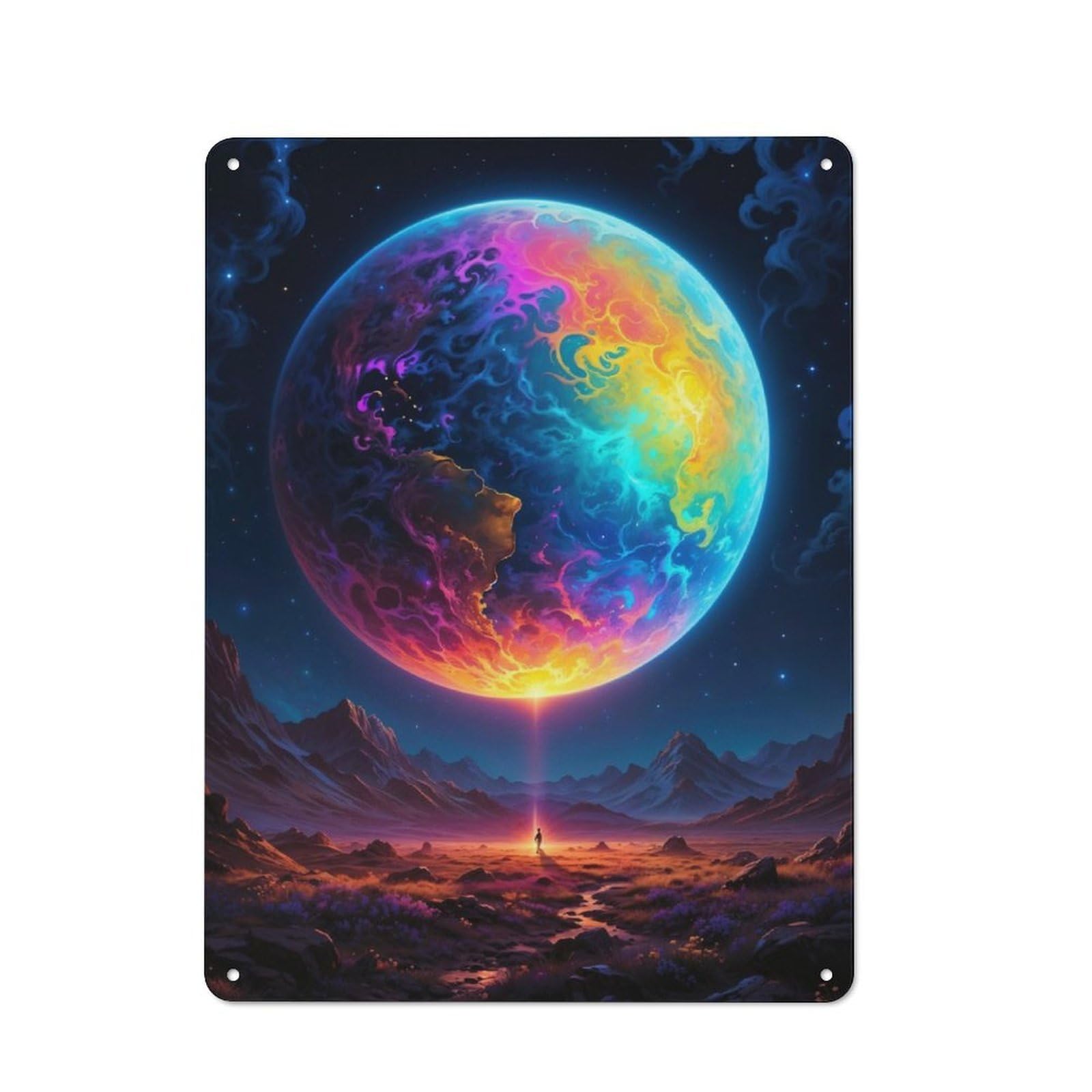 Retro Metal Sign with The Rainbow Planet Earth Design 40x30cm, Retro Old Style Wall Plaque for Kitchen, Hallway, Bar Or Small Cafe