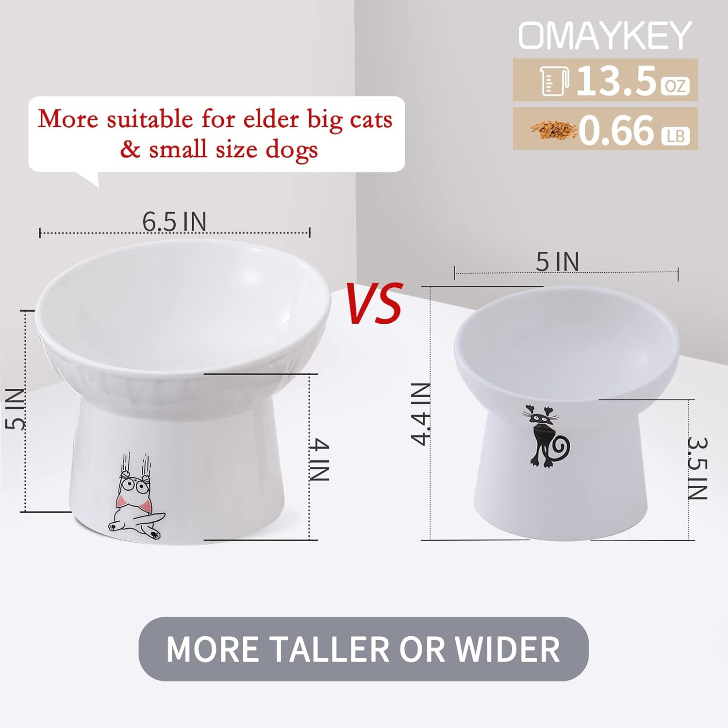 OMAYKEY 6.5 Inch Extra Wide Ceramic Raised Cat Bowl Set, Tilted Elevated Cat Bowls for Food and Water, Prevent Whisker Fatigue, Stress Free, Less Vomiting, Protect Spine, White & Grey