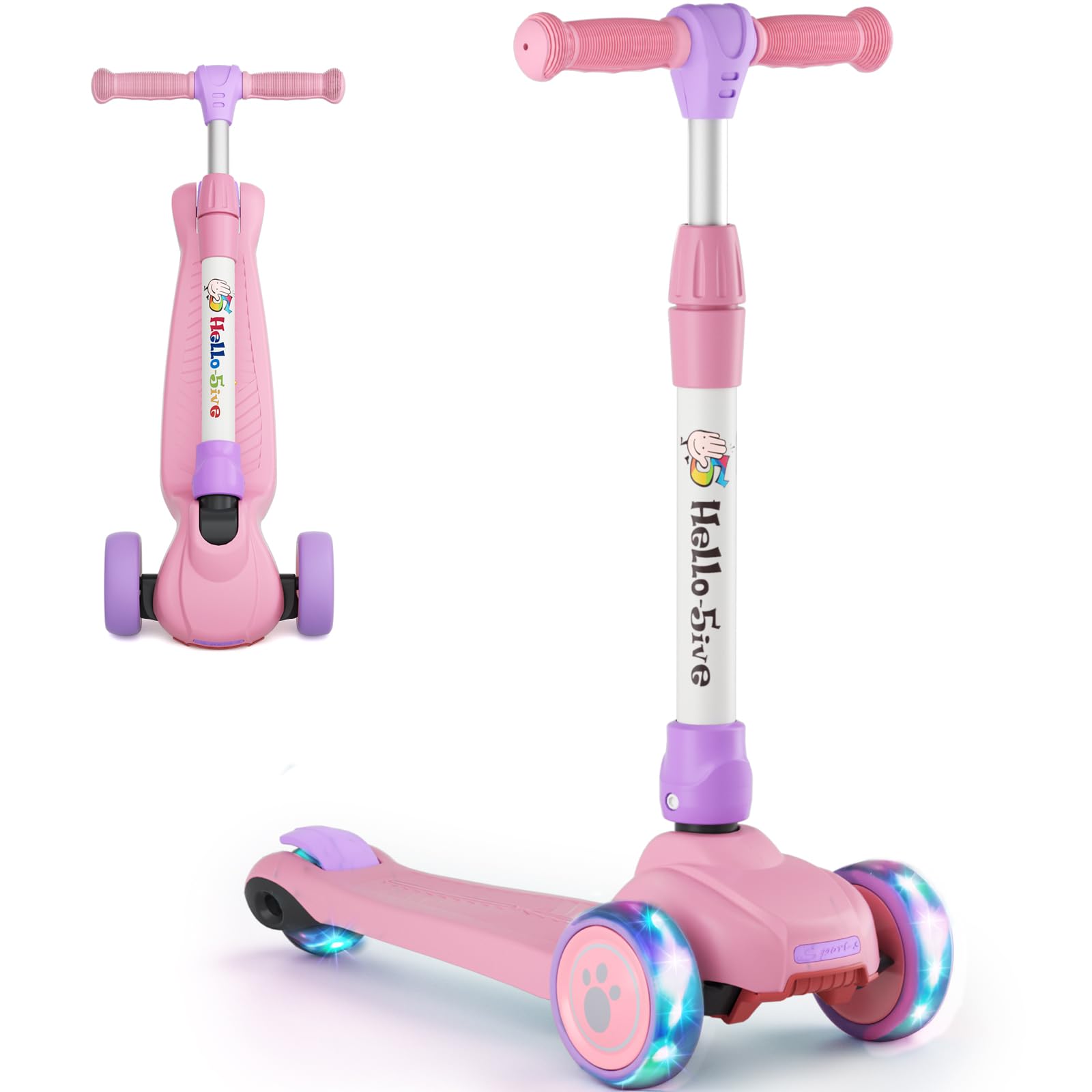 Kids Scooter Age 3,4,5,6, 3 Wheel Foldable Kick Scooter with Flashing Light-Up Wheels, 4 Level Height Adjustable Lean to Steer Lightweight Scooter for Toddler Children Boys Girls (Pink&Purple)